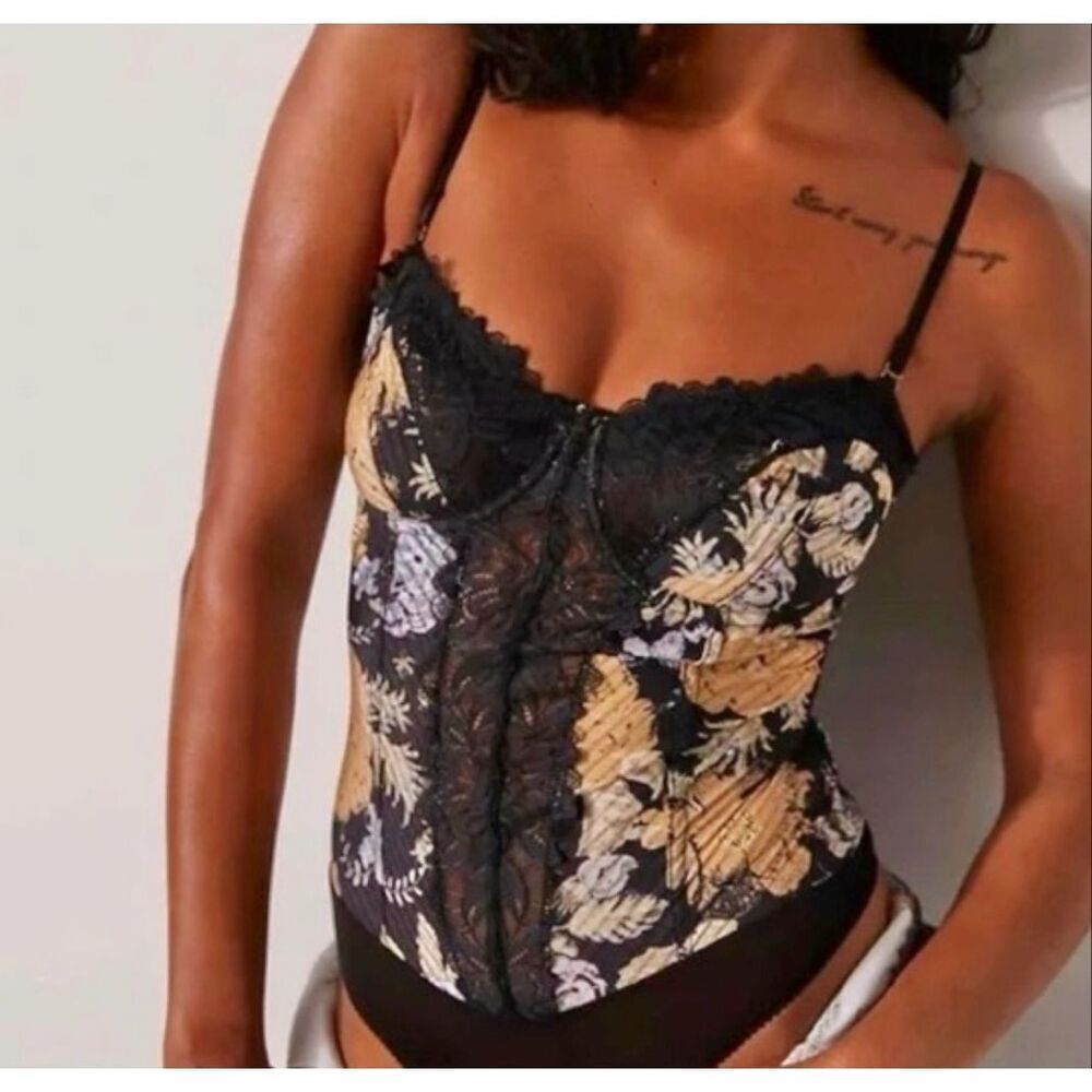 Free People Bodysuit Good Luck Charm Floral Lace Black size Small